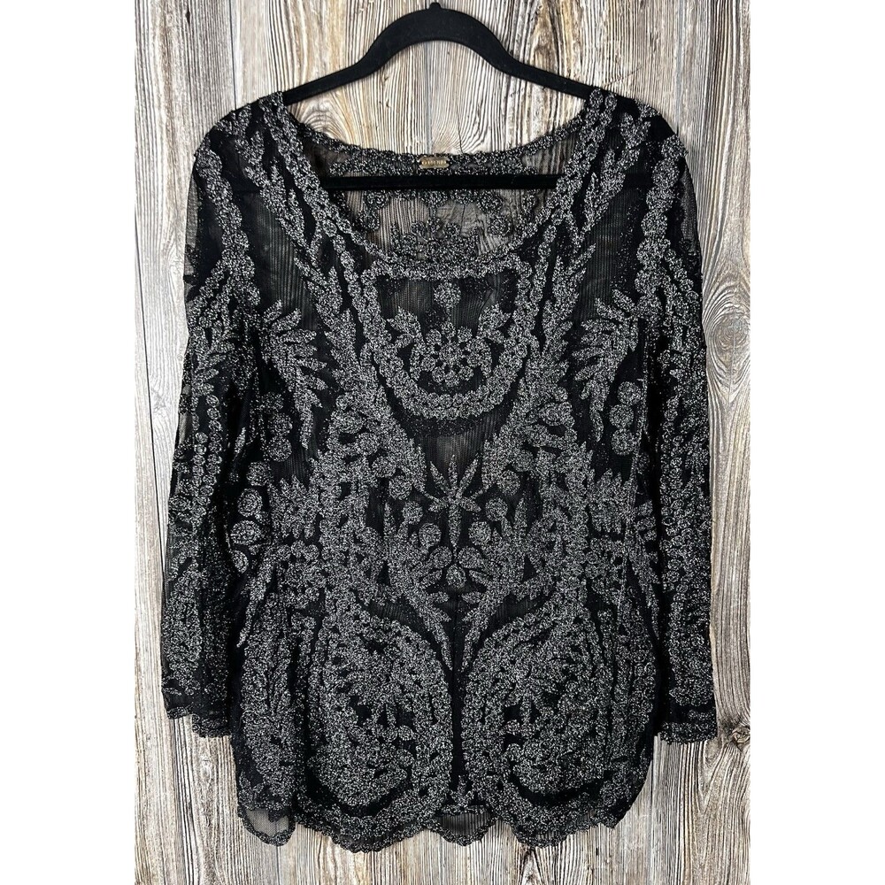 Sorrento Women's Med Blouse Black Silver Shimmer Gothic Elegance Dark Romantic